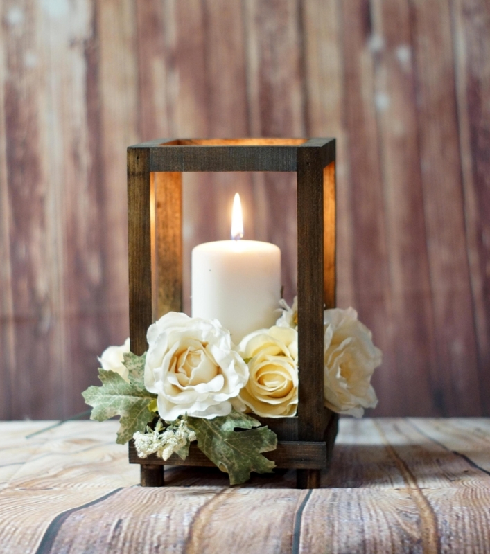 Candle Lantern Reclaimed Wood Farmhouse Centerpiece with Metal Handle