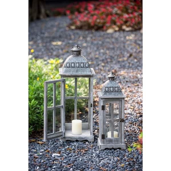 Candle Lantern Set with Distressed Gray Wood and Pyramid Vented Top