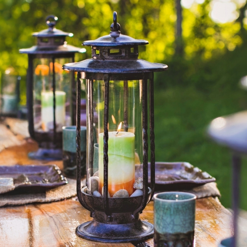 Candle Lantern Textured Metal Tapered Roof Cast Iron Look