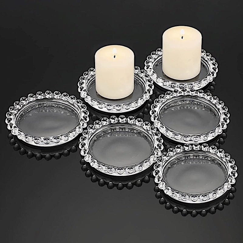 Candle Plate, Clear Glass Round Set, Beaded Rim
