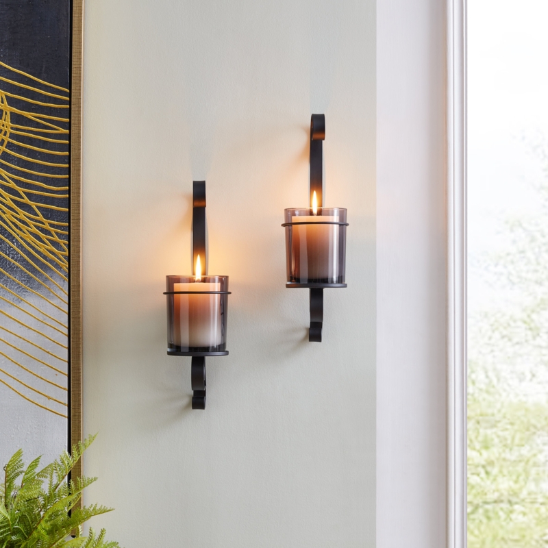 Candle Sconce Set, Smoke Glass Hurricane, Scrolled Black Teardrop