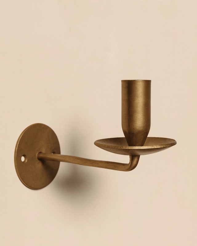 Candle Sconce, Slender Stem with Circular Mount, Brushed Brass Finish