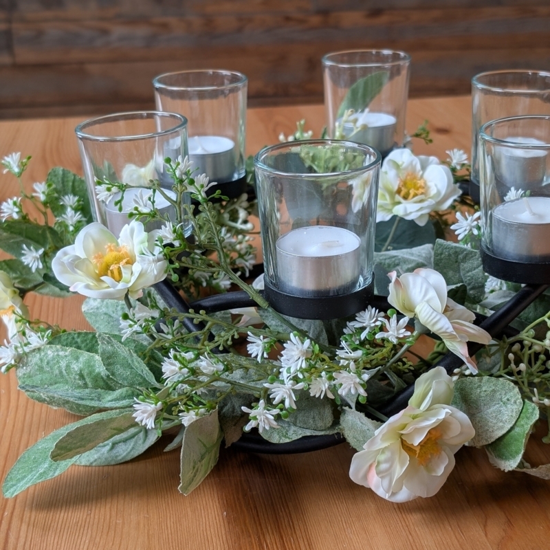 Candle Wreath Centerpiece with Integrated Pillar & Peach Lily Blooms