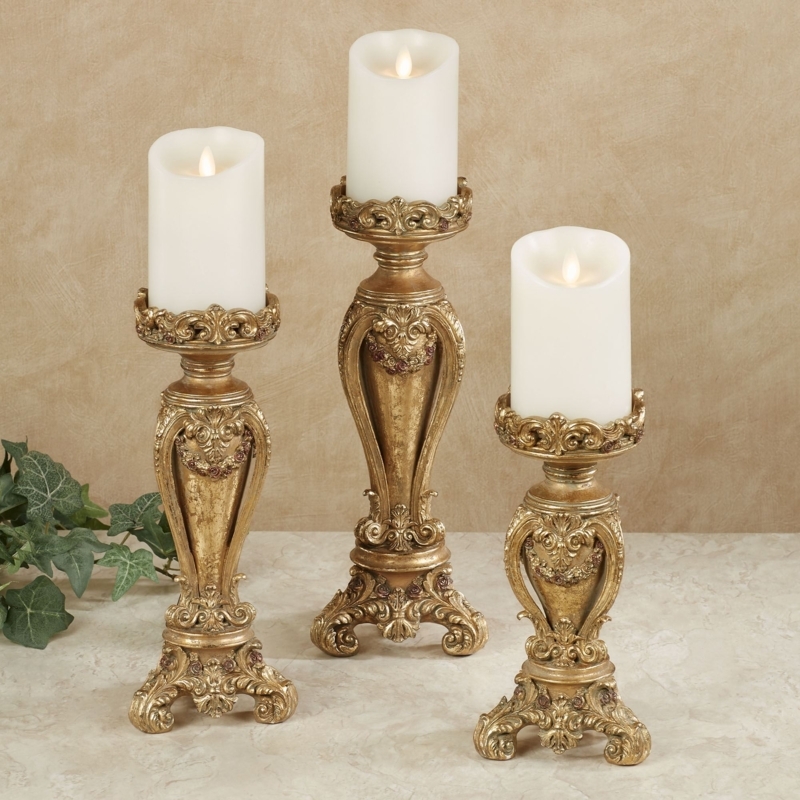 Candleholder Set: Acanthus Leaf Carving, Aged Gold Finish, Victorian Style.