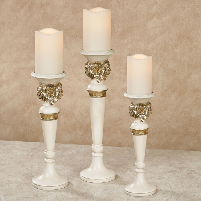 Candleholder Set, Ornate Scrolled Base, Antique Gold Detailing.