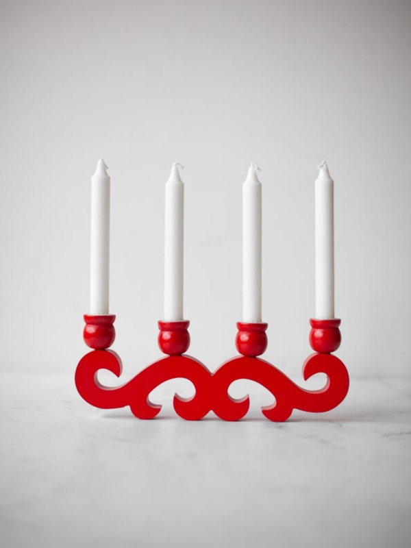 Candleholder Set, Turned Wood Red Scandinavian Folk Art