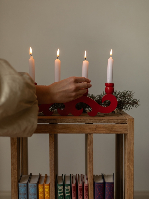Candleholder Set Turned Wood Vibrant Red Matte Finish