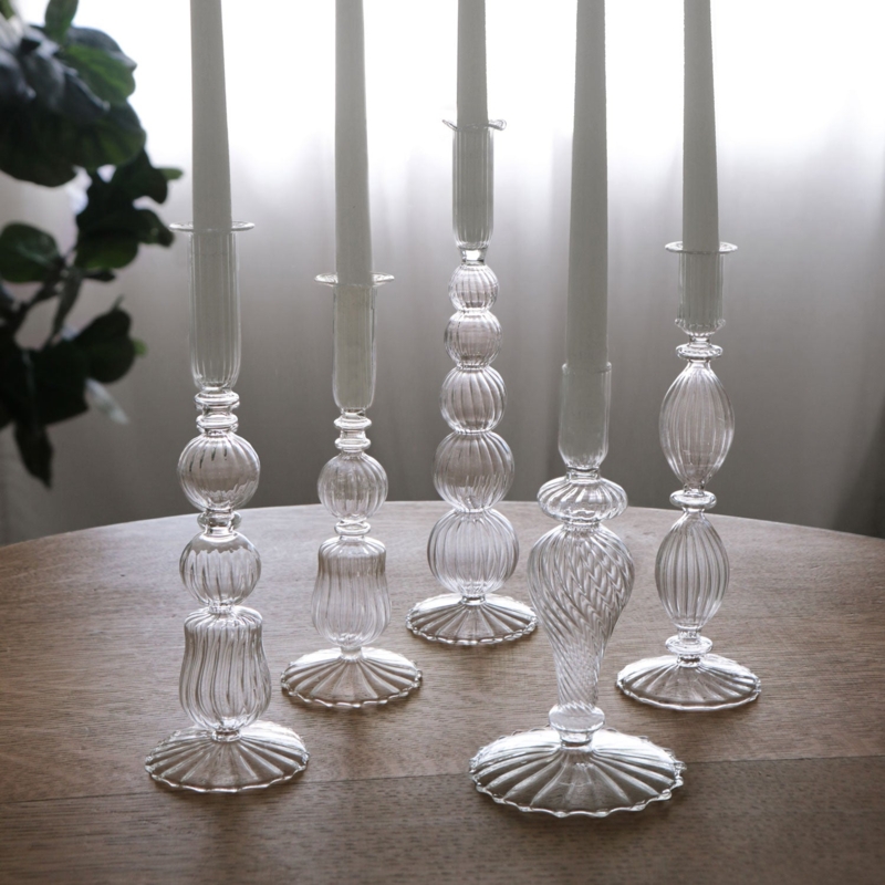 Candlestick Holder Clear Glass Faceted Stem Slender Traditional
