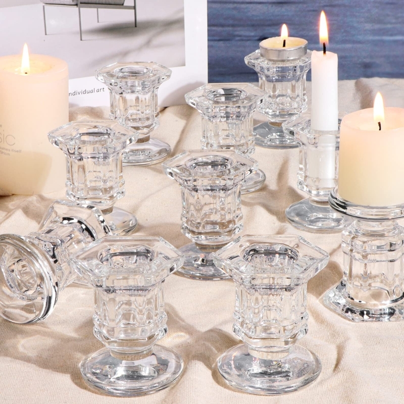Candlestick Holder Clear Glass Ribbed Base Minimalist Taper Set