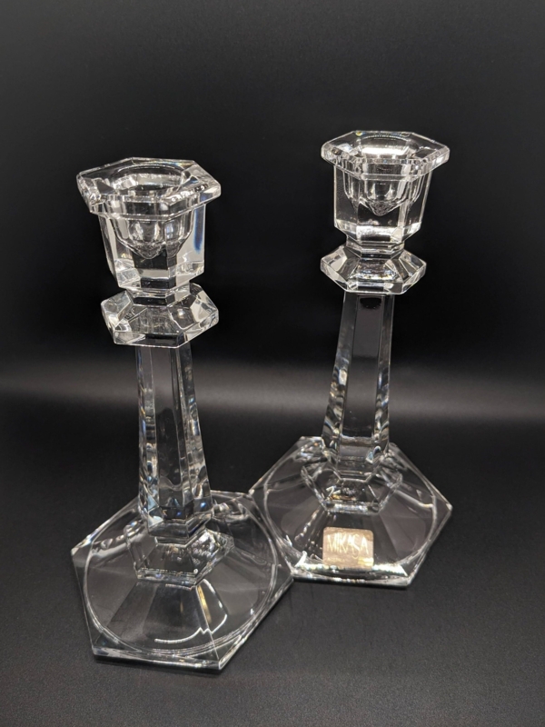 Candlestick Holder Crystal Hexagonal Stem Tiered Square Base Elegant