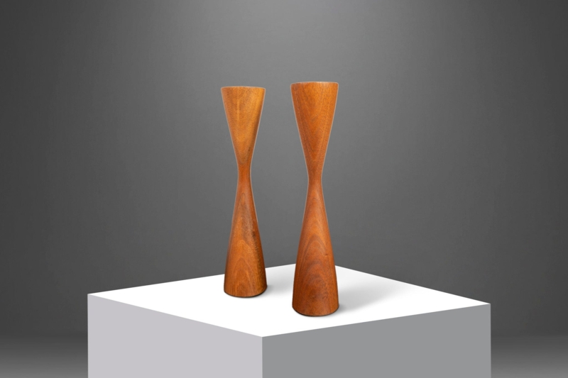 Candlestick Holder Danish Modern Walnut Wood Grain Metal Insert Pair