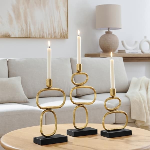 Candlestick Holder Geometric Sculpted Base Black Gold Graduated Set