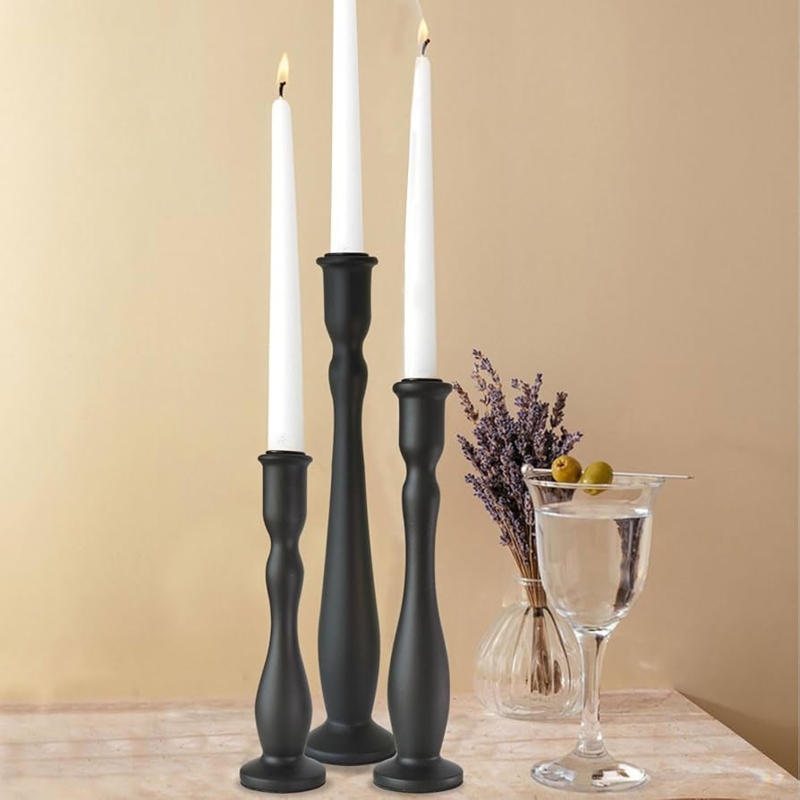 Candlestick Holder Matte Black Wood Turned Trio, Organic Taper Set