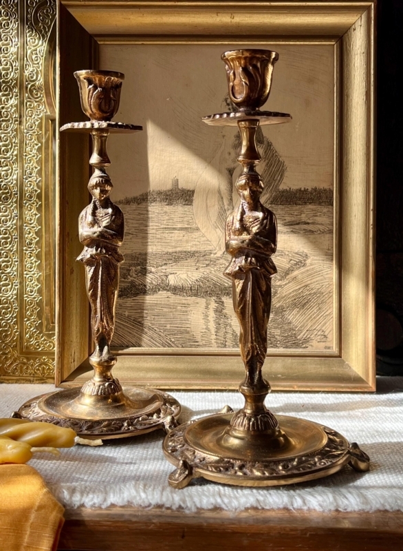 Candlestick Holder Pair Caryatid Figure Design Brass Rococo Style