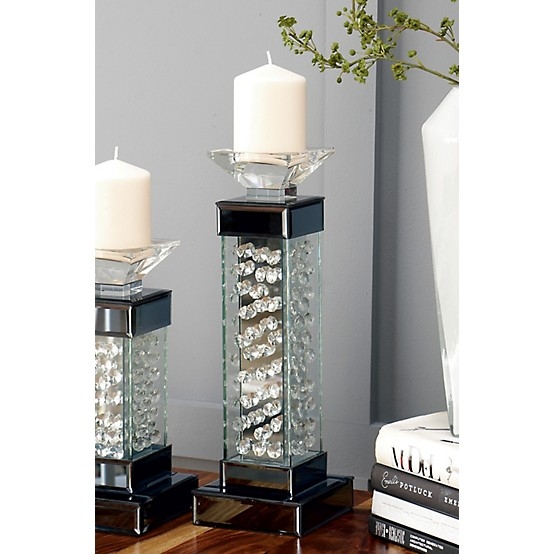 Candlestick Holder Pair Clear Glass Faceted Stacked Geometric Tall