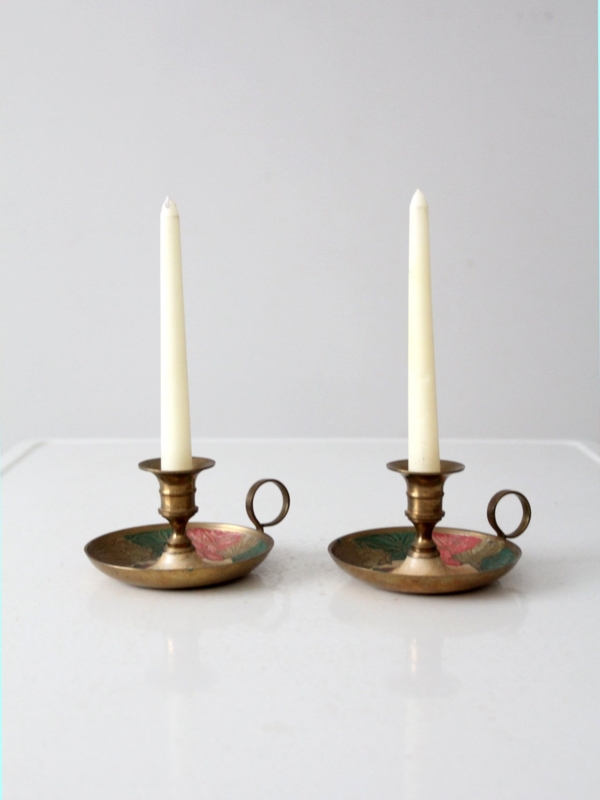 Candlestick Holder Pair Floral Enamel Base Vintage Floral