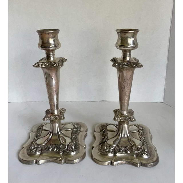 Candlestick Holder Pair Scrolling Relief Silver Toned Baroque Style
