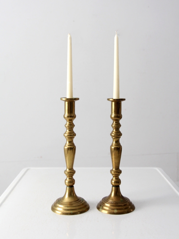 Candlestick Holder Pair Turned Stem Antique Brass Vintage