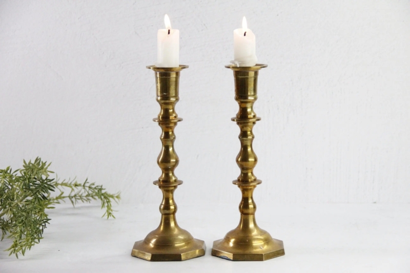 Candlestick Holder Pair with Octagonal Base in Antique Brass Finish