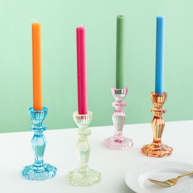 Candlestick Holder Ribbed Texture Translucent Jewel Tones Geometric