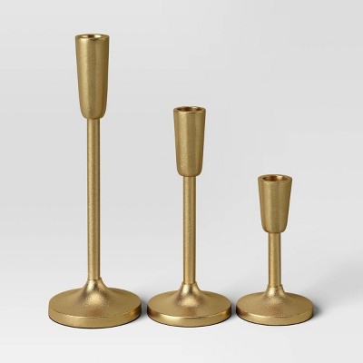 Candlestick Holder Set: Aluminum Toned Metal, Flared Base, Staggered Heights.