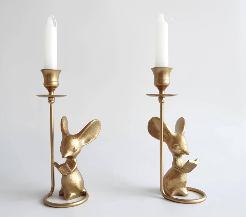 Candlestick Holder Set Antique Bronze Mouse Shaped Reading Pose
