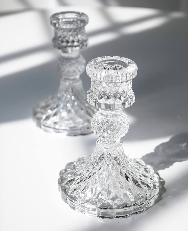 Candlestick Holder Set Clear Faceted Glass Geometric Base Taper Fit