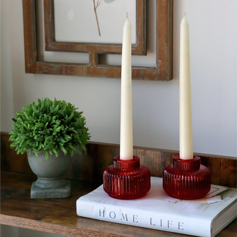 Candlestick Holder Set, Fluted Red Glass Tapered Silhouette
