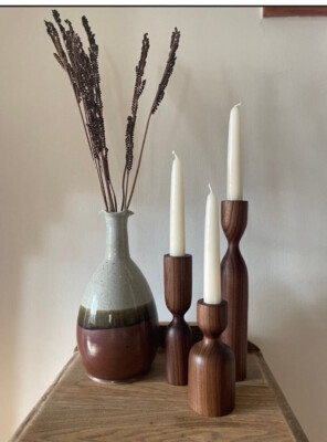 Candlestick Holder Set Natural Wood Graduated Turned Tapered