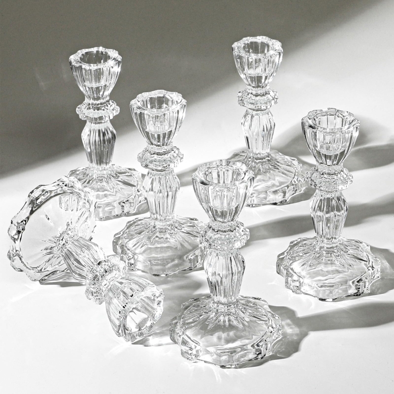 Candlestick Holder Set of 6 Clear Glass Faceted Stem Circular Base