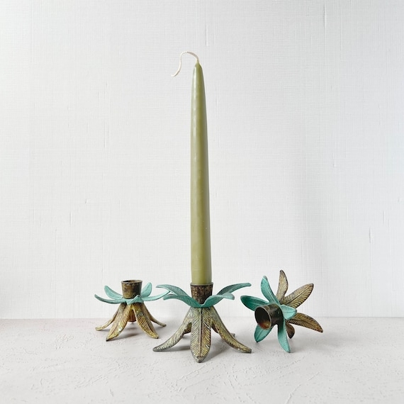 Candlestick Holder Set Palm Leaf Base Polished Gold Metal