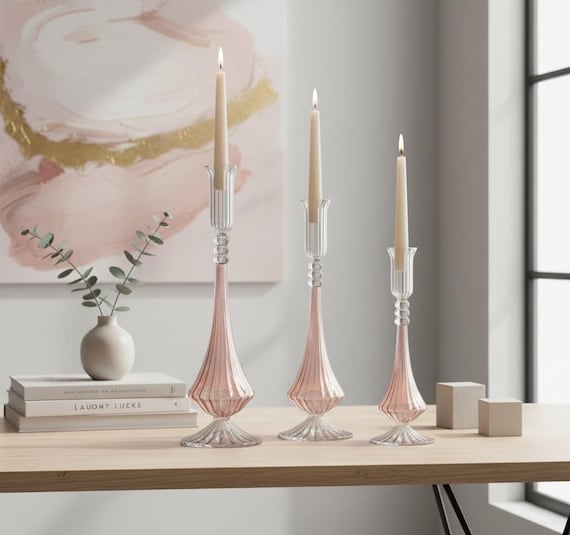 Candlestick Holder Set Pink Ribbed Glass Hand-Blown Look