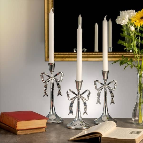 Candlestick Holder Set Polished Metal Bow Detail Graduated Vintage Decor