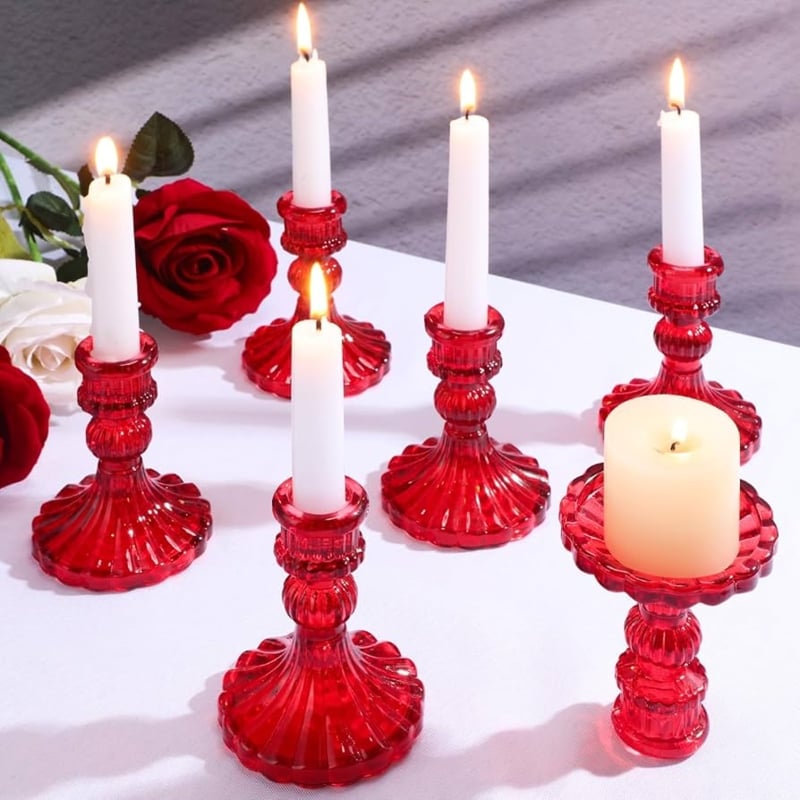 Candlestick Holder Set, Red Glass Ribbed Taper Candle Stand