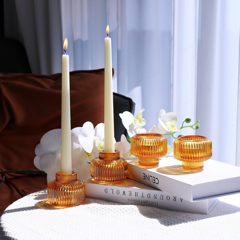 Candlestick Holder Set, Ribbed Amber Glass for Autumn Table Decor.