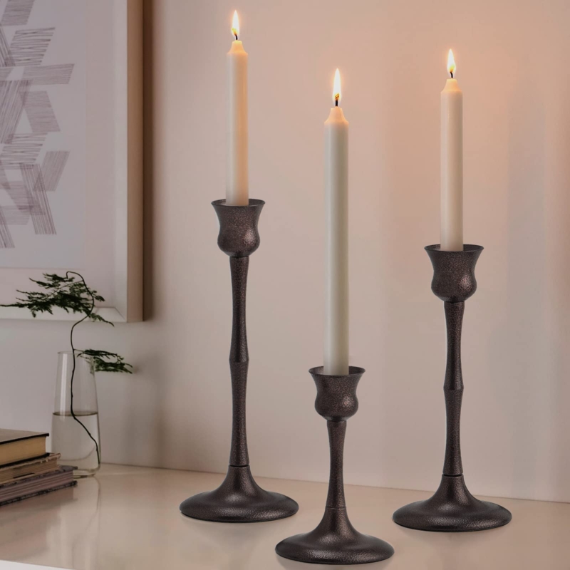 Candlestick Holder Set Slender Gold Metal Staggered Heights