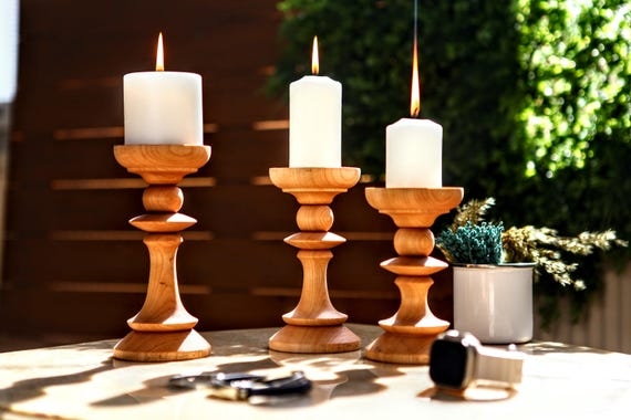 Candlestick Holder Set Staggered Heights Wood Toned Pillar Accents