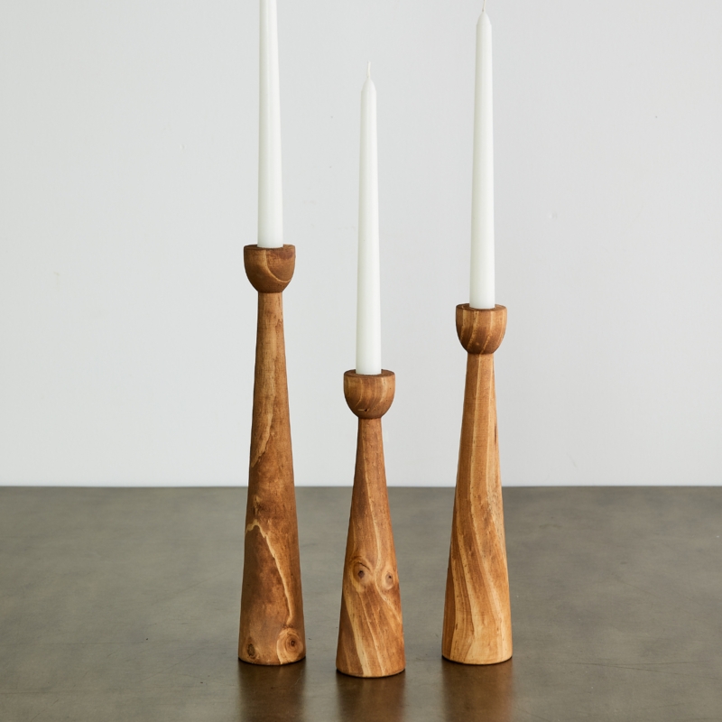 Candlestick Holder Set Tapered Wood Trio Pine Matte Scandinavian