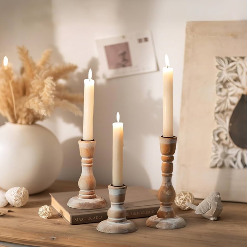 Candlestick Holder Set Turned Wood Graduated Heights Rustic Trio