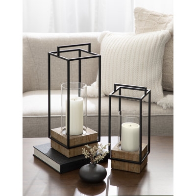 Candlestick Holder Set with Mixed Material Design and Black Metal Accents.
