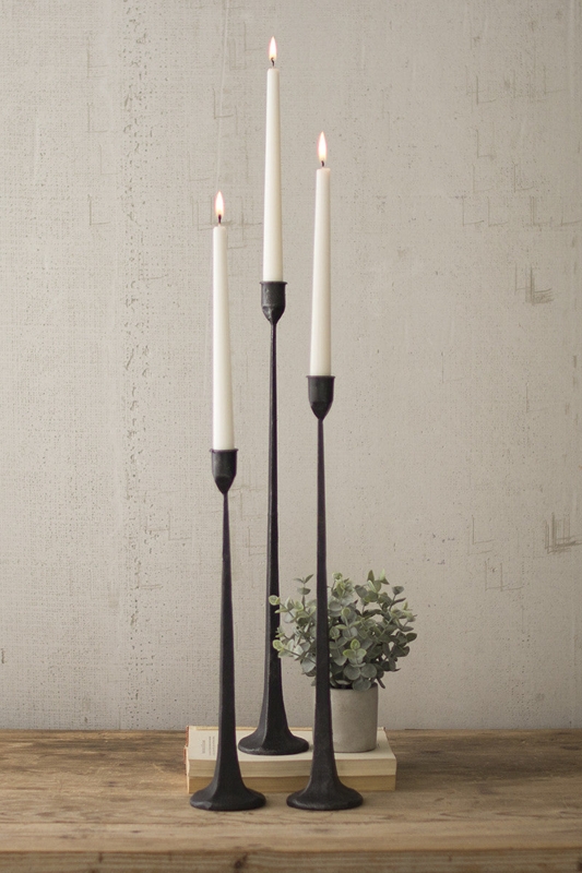 Candlestick Holder Set with Rustic Cast Iron Texture for Farmhouse Style.