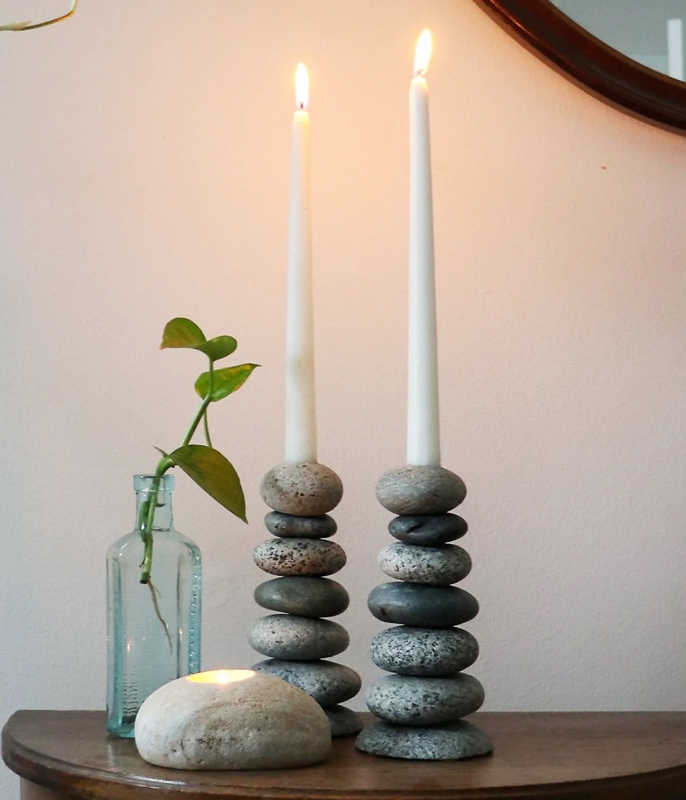 Candlestick Holder, Stacked Stone Cairn, Sculptural Stone Candle Holder