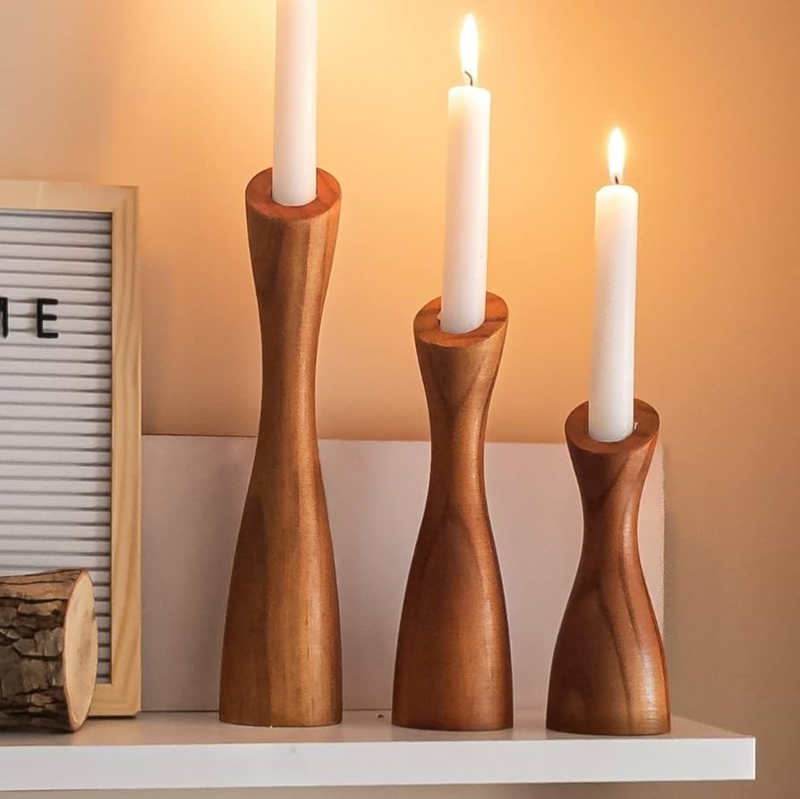 Candlestick Holder Staggered Heights Turned Wood Rustic Farmhouse Set