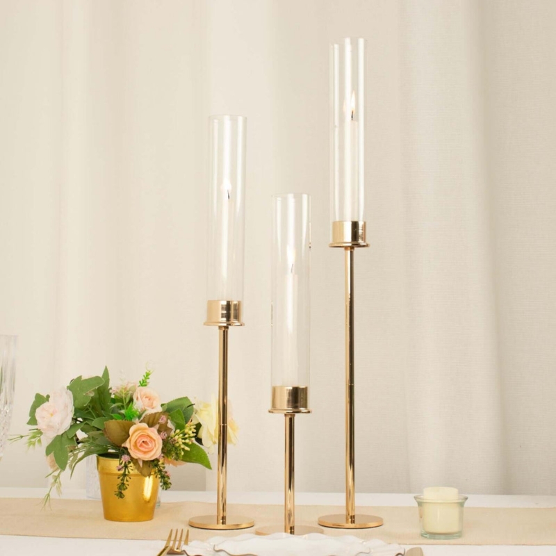Candlestick Holder Staggered Trio with Glass Hurricane Shades