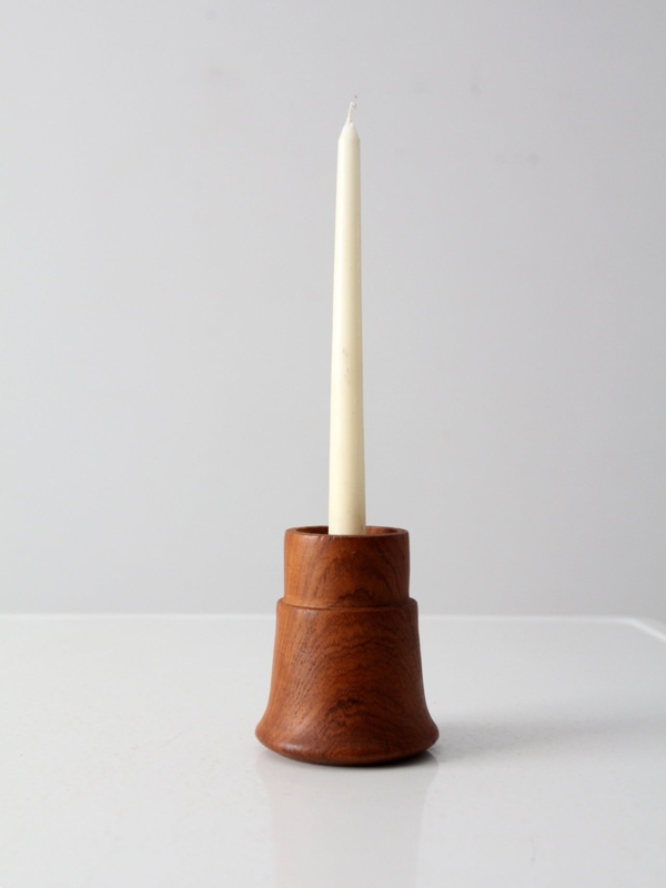 Candlestick Holder Tiered Neck Detail Sculptural Wood Metal Insert