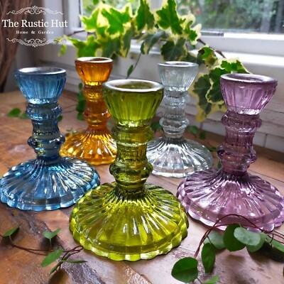 Candlestick Holder Translucent Jewel Tones Bulbous Ribbed Glass Boho