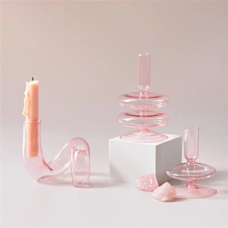 Candlestick Holder Trio with Geometric Stacking in Translucent Mauve