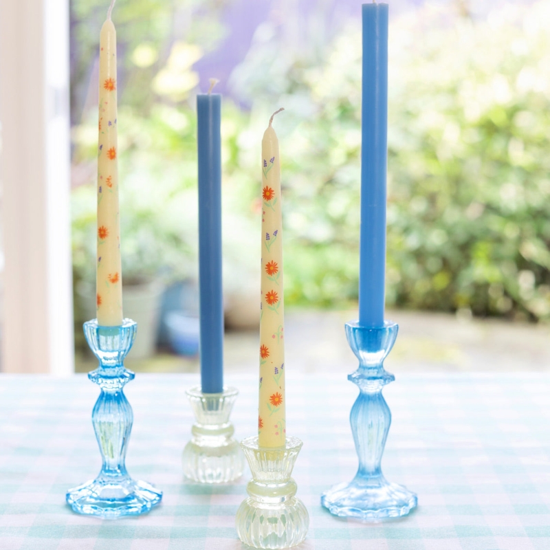 Candlestick Holder Vibrant Blue Ribbed Glass Tapered Neck Boho Chic