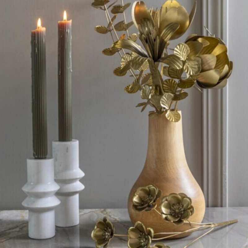 Candlestick Holder White Marble Veining Gold Insert Turned Form Classic