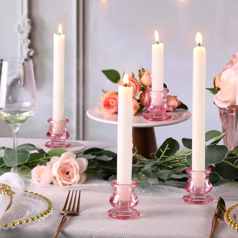 Candlestick Holder with Bulbous Shape in Rose Pink Ribbed Glass